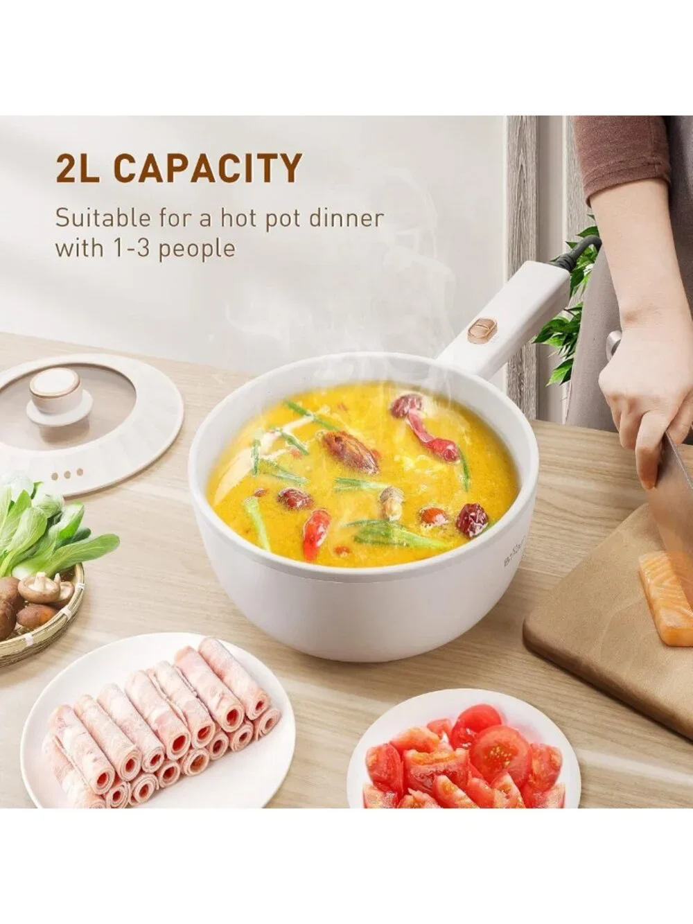Multifunctional 2L Electric Hot Pot, Non-Stick Cooking Pot for Noodles, Ramen